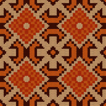 Seamless knitting ornate in orange and brown colors, vector pattern as a fabric textureのイラスト素材