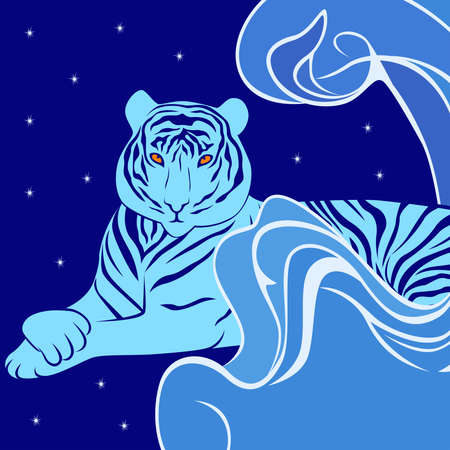 Graceful blue tiger on dark background with water wave and stars, symbol of the New Year on the Chinese calendarのイラスト素材