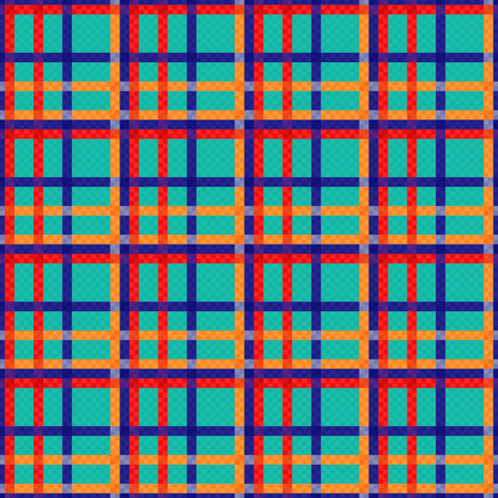 Contrast multicolor tartan Scottish seamless pattern in red, turquoise, blue and orange hues, texture for tartan, plaid, tablecloths, clothes, bedding, blankets and other textileのイラスト素材