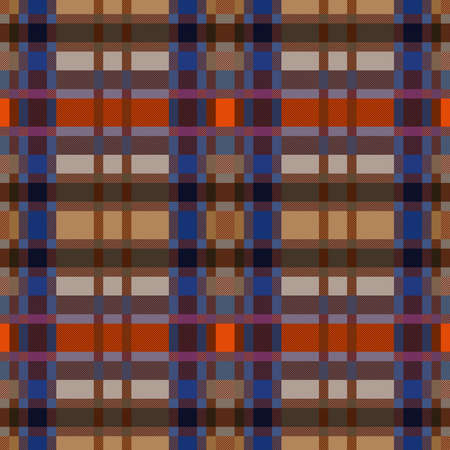 Rectangular seamless vector pattern as a tartan plaid in blue, beige, orange and brown hues with diagonal lines,  texture for flannel shirt, plaid, clothes, blankets and other textileのイラスト素材