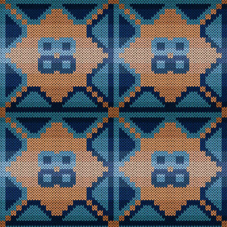 Ornamental knitting seamless vector pattern in muted blue and orange hues as a fabric textureのイラスト素材