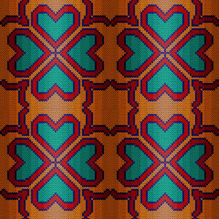 Seamless knitting ornate with flowers in orange, red, turquoise and blue colors, vector pattern as a fabric textureのイラスト素材