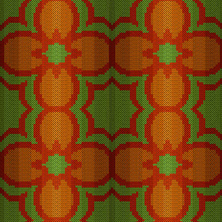 Knitting seamless vector pattern with flowers in green and orange hues as a fabric textureのイラスト素材