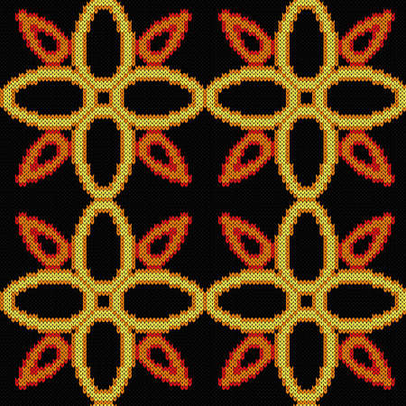 Seamless knitting ornate with flowers in orange, red, yellow and black colors, vector pattern as a fabric textureのイラスト素材