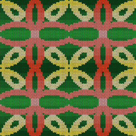 Muted knitting seamless vector pattern with flowers in green, orange and yellow hues with gradual transition as a fabric textureのイラスト素材