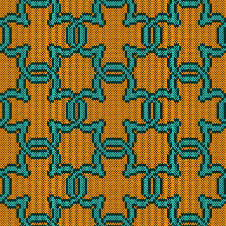 Seamless knitting pattern turquoise and orange colors, vector pattern as a fabric textureのイラスト素材