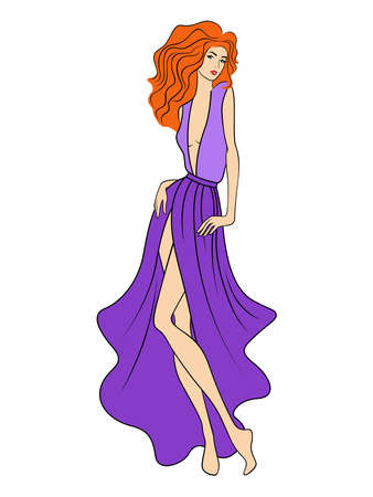 Attractive and slender woman in sexy purple long dress isolated on white background, hand drawing vector outlineのイラスト素材