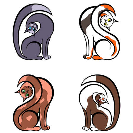 Four different cartoon cats isolated on white background, color image of petsのイラスト素材