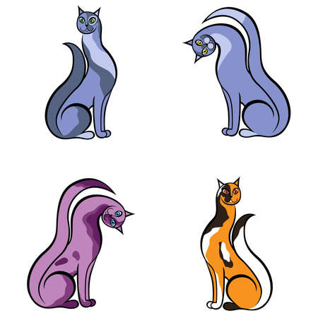 Four amusing different cartoon cats isolated on white background, color image of petsのイラスト素材