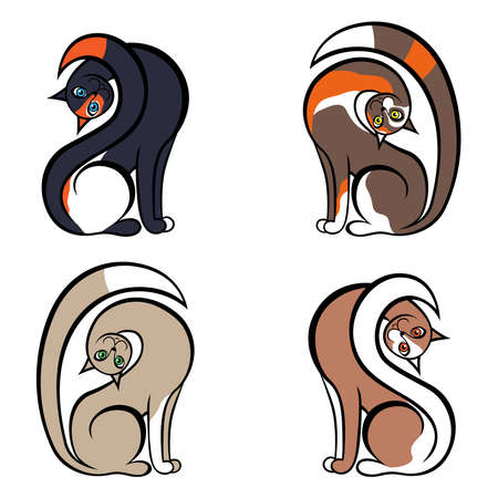 Four funny different cartoon cats isolated on white background, color image of petsのイラスト素材