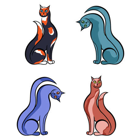 Four amusing cartoon cats isolated on white background, color image of petsのイラスト素材