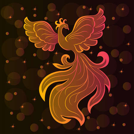 Silhouette of charming magic bird in orange-pink hues on a dark brown background with stars and transparent circlesのイラスト素材