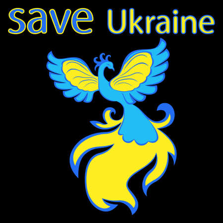 Vector illustration of a graceful phoenix with a call to save Ukraine in the blue and yellow colors of the national flag on the black backgroundのイラスト素材
