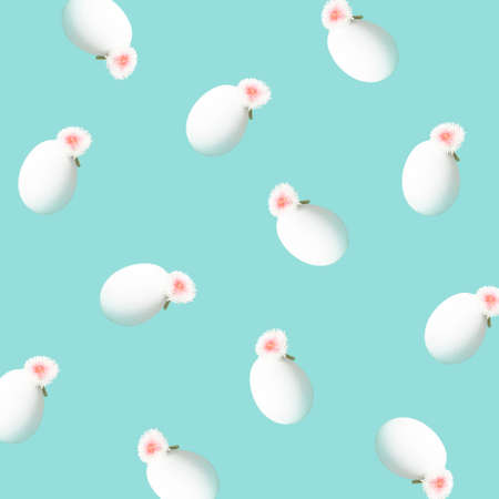 Easter pattern made of white eggs and fresh flowers on pastel cyan backgroundの写真素材