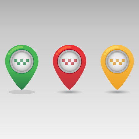 Taxi geolocation service banner icon Map pin with taxi car sign on gray backgroundのイラスト素材