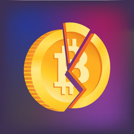 Broken bitcoin isolated. Token Crash. Blockchain crisis illustration. Crisis of the cryptocurrency. Crypto currency devaluation. Bitcoin has fallen.のイラスト素材