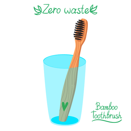Eco Bamboo Toothbrush in glass. Bamboo product. Zero waste handwritten lettering. Save the world. Eco-friendly brush. Vector illustration.のイラスト素材