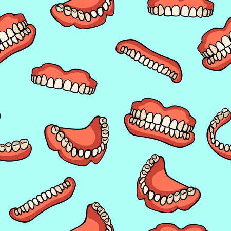 Dental prosthesis pattern on blue background. Dental implant. Dentures. Medicine symbol for print. Medical items. Seamless pattern.のイラスト素材