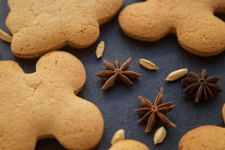 anise and cardamom next to gingerbread on a black backgroundの写真素材