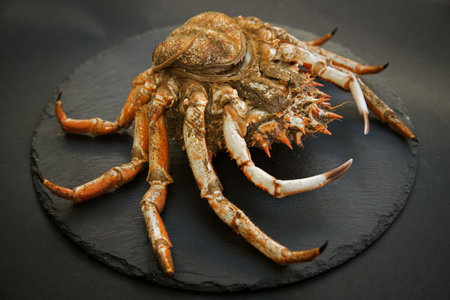 raw Atlantic crab close-up on black background, soft focus.の写真素材