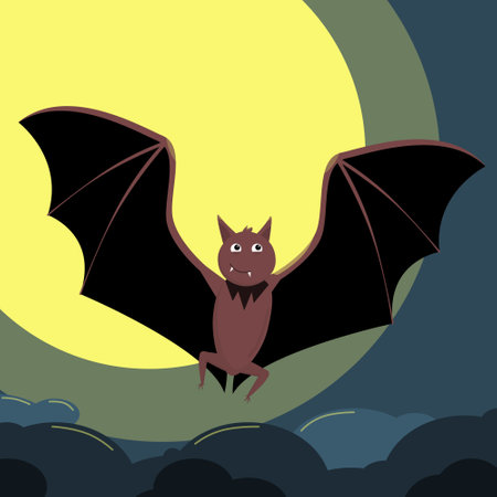 illustration of a bat on the theme of Halloween on the background of the moon in the sky above the cloudsのイラスト素材