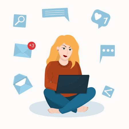 young blond woman working on a laptop, the concept of freelancing and work at homeのイラスト素材