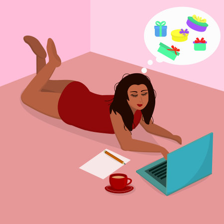 a young woman lies on the floor on her stomach in front of a laptop and orders holiday gifts onlineのイラスト素材