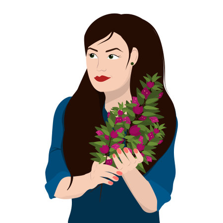 young brunette woman with a bouquet of bougainvillea flowers on a white background. Spring illustrationのイラスト素材