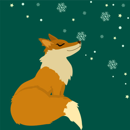 very cute Fox with snowflakes, winter illustrationのイラスト素材