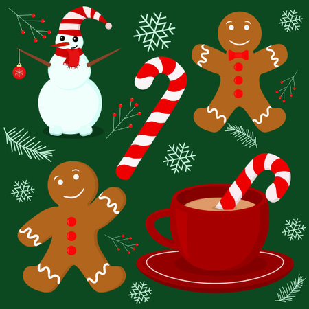 new year's set of illustrations with the image of a gingerbread man, a snowman and a Cup of cocoa with a candy caneのイラスト素材
