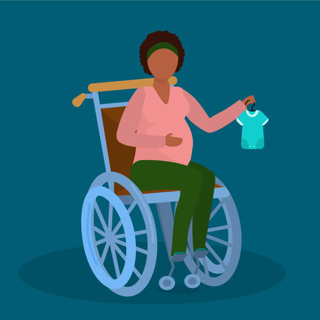 a pregnant black young woman in a wheelchair holds baby onesie on a hanger in her handのイラスト素材