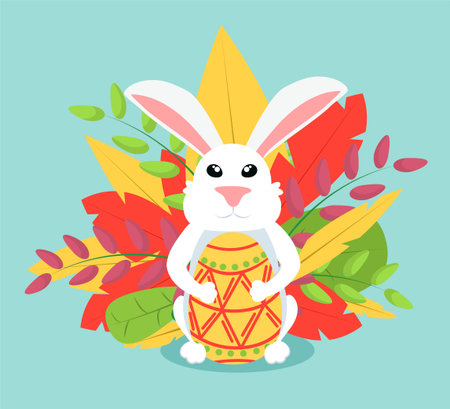 The Easter bunny holds a decorated egg in its paws. Illustration for Happy Easterのイラスト素材