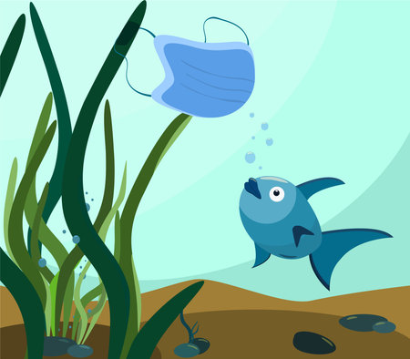 a fish looks at a protective medical mask floating in the water. The concept of pollution and...