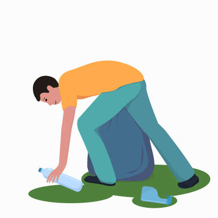 a young man collects garbage, the concept of caring for the environment, ecology and the rejection of the use of disposable plasticのイラスト素材