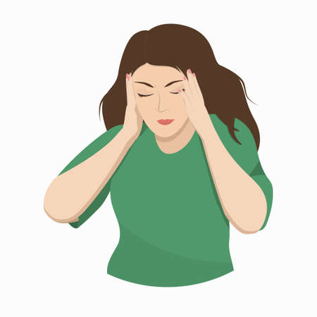 illustration of a young woman who has a headache and holds on to it with her handsのイラスト素材