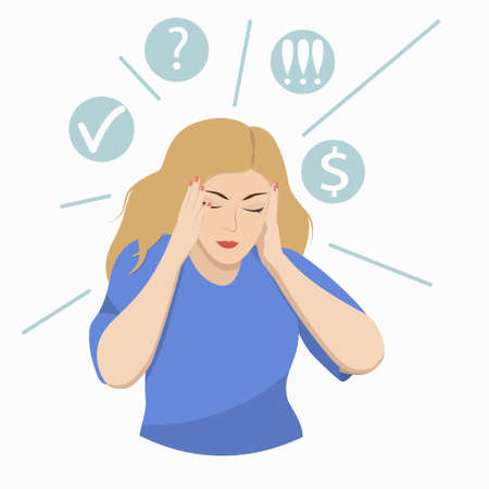 a young blonde woman holds her head while pondering problems at work and the economic crisisのイラスト素材