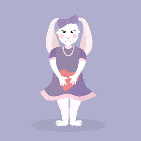 illustration of a cute bunny girl in a purple dress with a heart in her pawsのイラスト素材