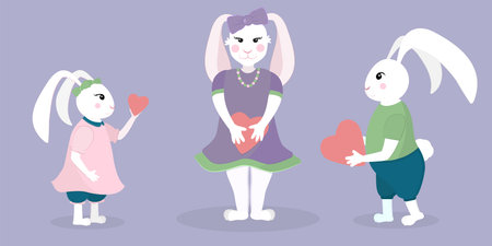 illustration of funny bunnies with hearts in their handsのイラスト素材