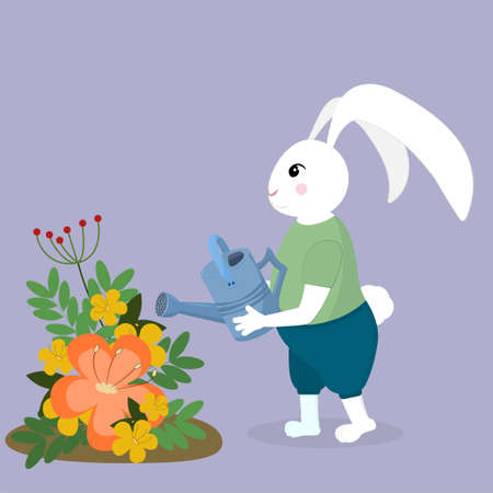 illustration of a bunny with a watering can in its paws watering a flower bedのイラスト素材