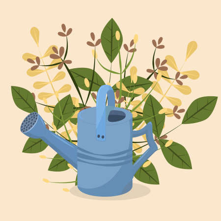blue garden watering can on the background of a bouquet of leaves. Spring-summer illustrationのイラスト素材