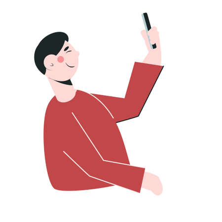 a young man takes a selfie on a smartphoneのイラスト素材