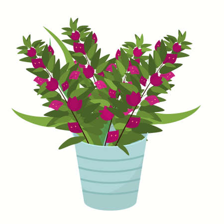 bouquet of branches of bougainvillea flowers in a metal bucket, spring illustration on the theme of selling flowers for international women's Dayのイラスト素材