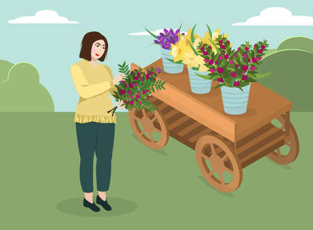 a young Asian woman collects a bouquet of branches with bougainvillea flowers standing next to a wooden cart with different flowers in metal buckets.のイラスト素材