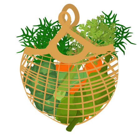 Illustration on the topic of waste-free consumption and environmental conservation. Grid with vegetables. Healthy food in a bag. concept Say "no" to plastic.のイラスト素材