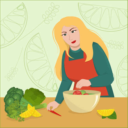a young blonde woman is preparing a vegetable salad. The concept of healthy eating and vegetarianismのイラスト素材