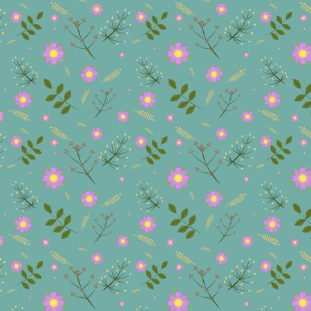 pattern with flowers and leaves on a blue background, spring illustrationのイラスト素材