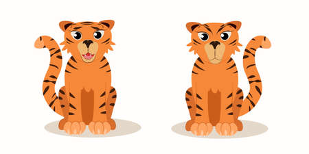 two sitting tigers with different emotions. isolate on a white background. The symbol of 2022のイラスト素材