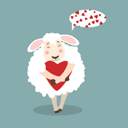 vector illustration of a sheep with a heart in its hands, thinking about love. Illustration on the theme of love and Valentine's Dayのイラスト素材