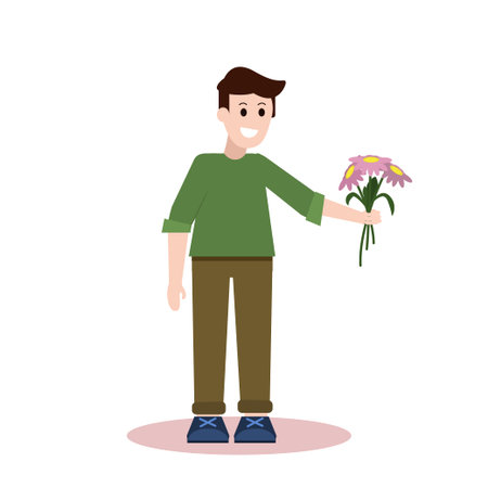 vector illustration of a young man with a bouquet of flowers in a flat style, isolated on a white backgroundのイラスト素材