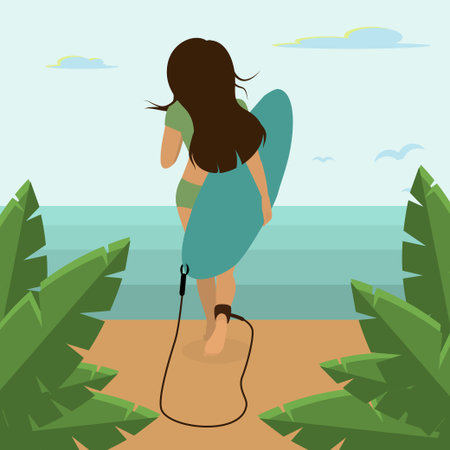 a young brunette walks with a surfboard in her hands, the rear view goes along the beach towards the sea. Vector illustration on the theme of summer and outdoor activitiesのイラスト素材
